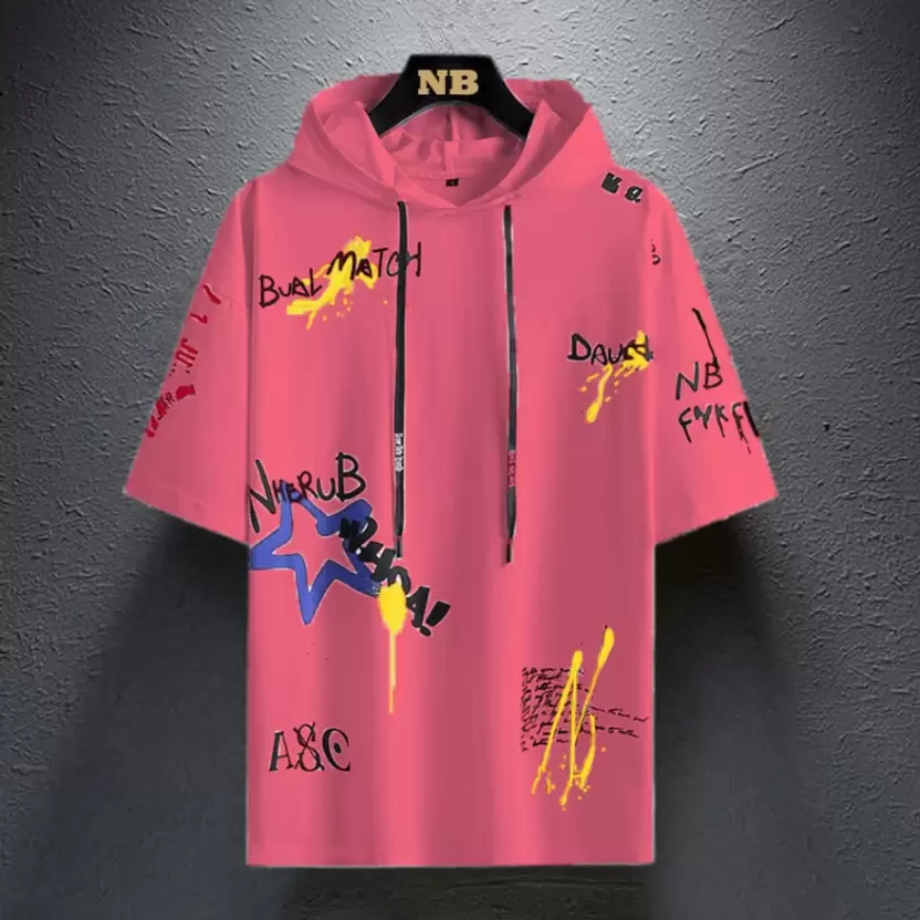 Men Printed Hooded Neck Cotton Blend Pink T-Shirt